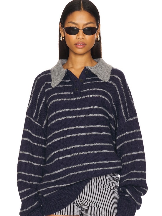 Lioness Sweaters - Lioness Navy and Gray Striped Polo-Collar Sweater